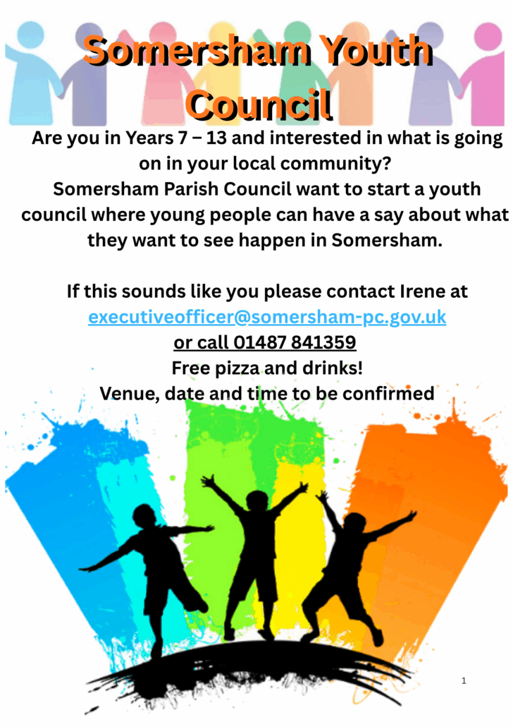 Four silhouetted youths with raised arms stand in front of a colourful background and council event details.