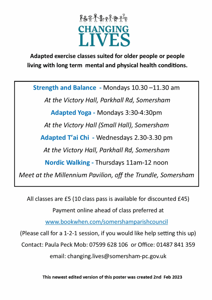 Poster advertising adapted exercise classes in Somersham for older people or those with health conditions.