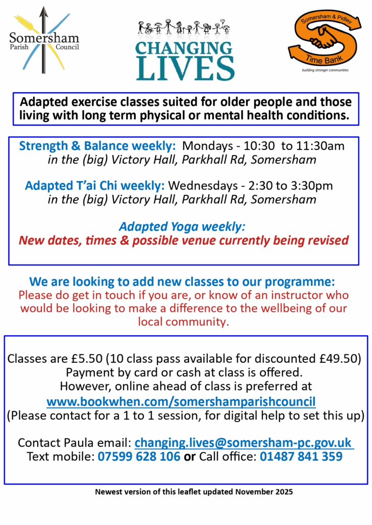 Flyer for adapted exercise classes for older people with details, prices and contact information in blue and yellow.