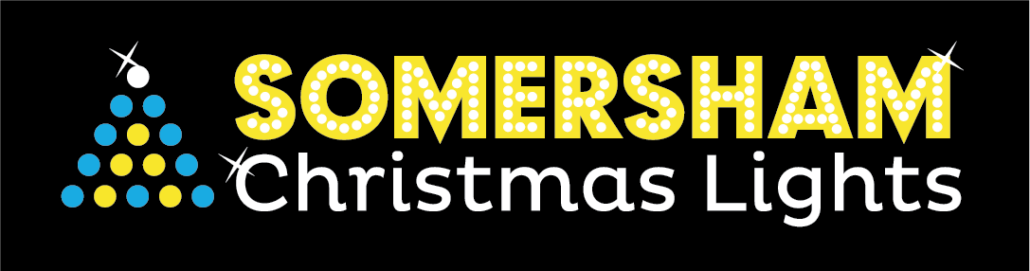 Logo with yellow dotted "Somersham" and white "Christmas Lights" beside a blue and yellow Christmas tree.