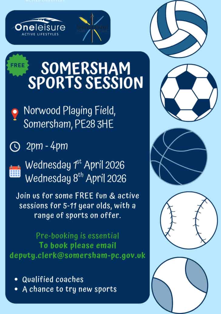 Flyer for Somersham Sports Session with sports balls, event details, and contact info on a blue background.
